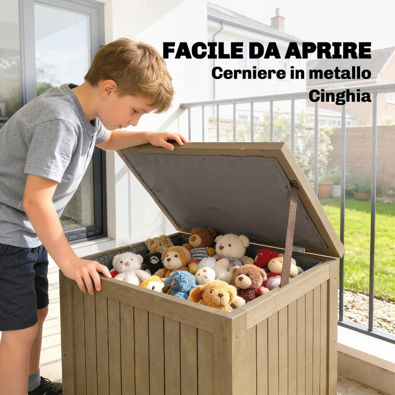 Outsunny Cassapanca da Esterno 130L con Coperchio Cerniere e Cinghia, in Legno, 63x51x58.5 cm, Marrone