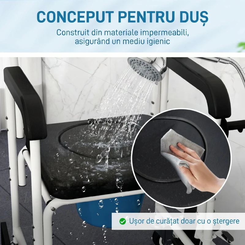 HOMCOM Scaun cu rotile cu WC impermeabil 4 în 1 cu suporturi pentru picioare rabatabile, din aluminiu și plastic, negru