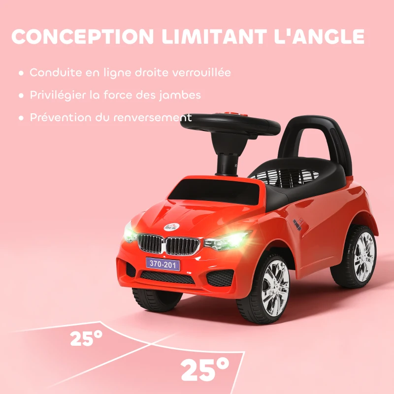 HOMCOM Porteur enfants voiture, véhicule à pousser avec coffre à jouets, klaxon, phares et musique, 63,5 x 28 x 36 cm, rouge