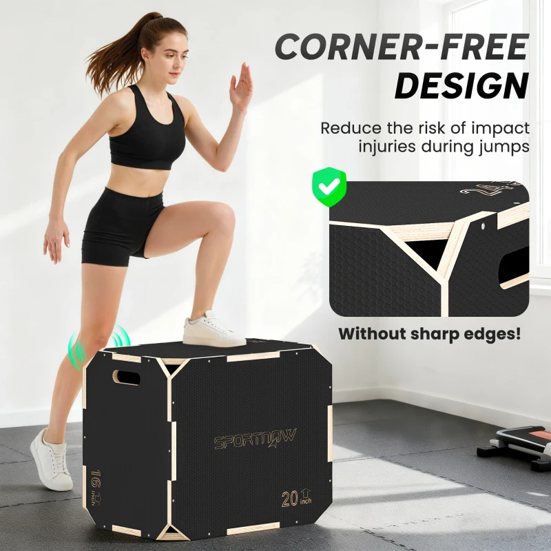 SPORTNOW Plyo Box 3 w 1, skrzynia do skakania z uchwytami, do domowego fitnessu i treningów na świeżym powietrzu, 3 poziomy wysokości, drewno, czarna