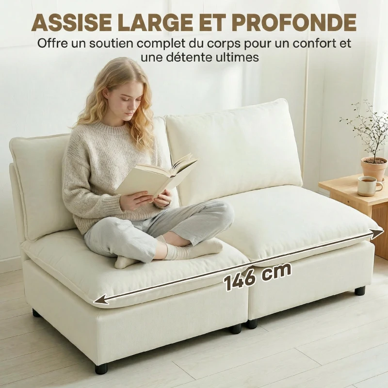 HOMCOM Canapé 2 places modulable, canapé de salon moderne 146 cm sans accoudoirs avec assise large, coussins épais, crème