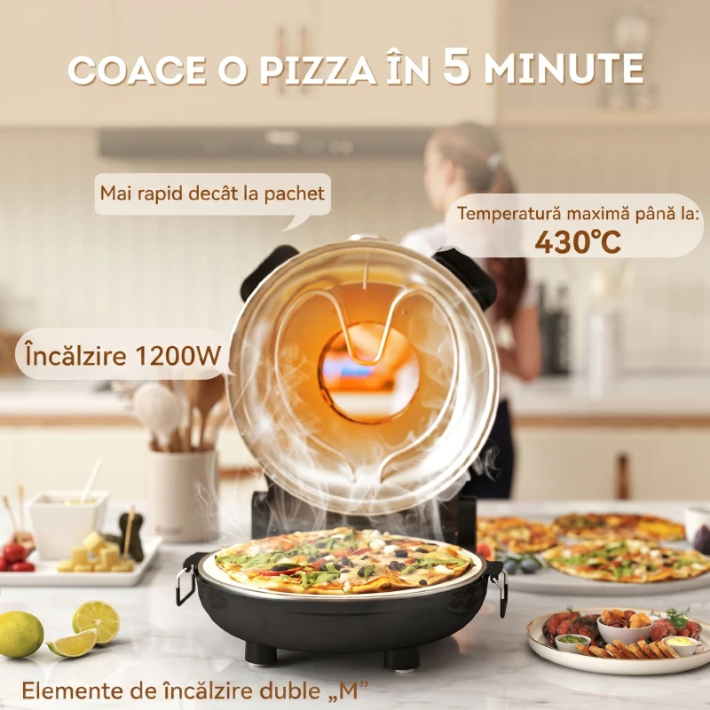 HOMCOM Cuptor electric pentru pizza 1200W cu fereastră transparentă, timer și reglare a temperaturii, negru