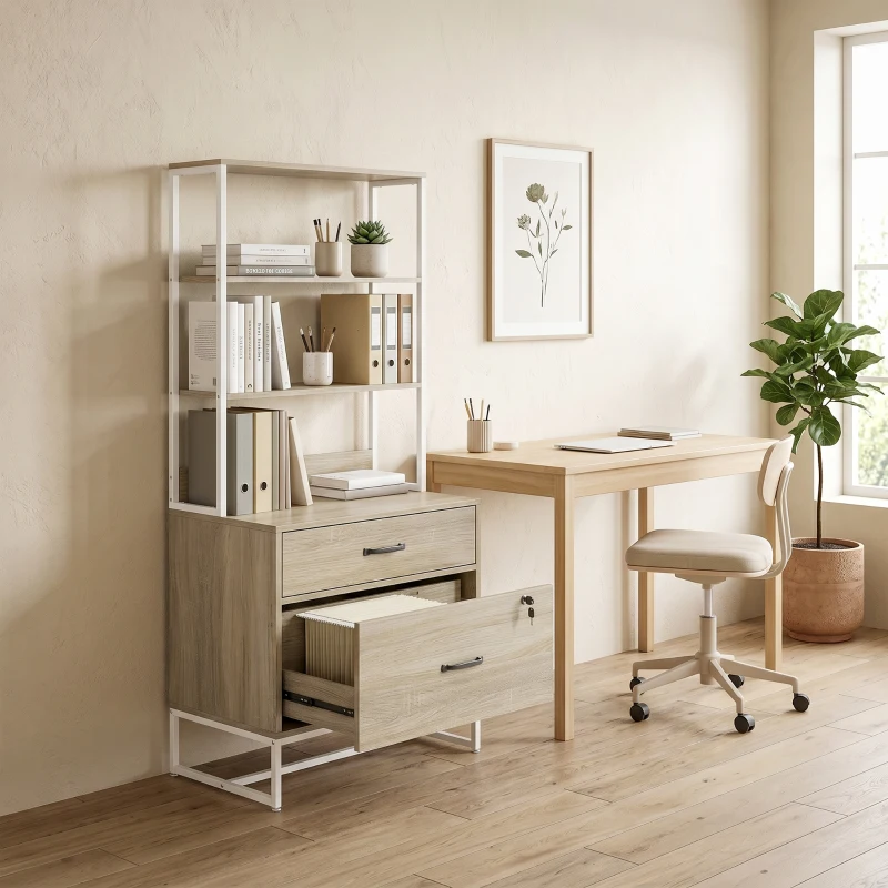 HOMCOM Aktenschrank mit Regal, 2 Schubladen, Ablage für Drucker, Schloss, für A4/Letter/Legal, Eiche