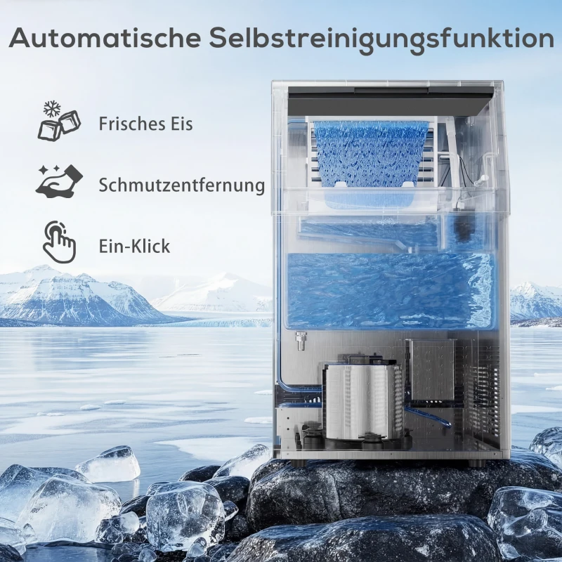 HOMCOM Gewerblicher Eiswürfelbereiter 45 kg/24 Std., Edelstahl, mit 13 kg Speicher, Selbstreinigung, Silber