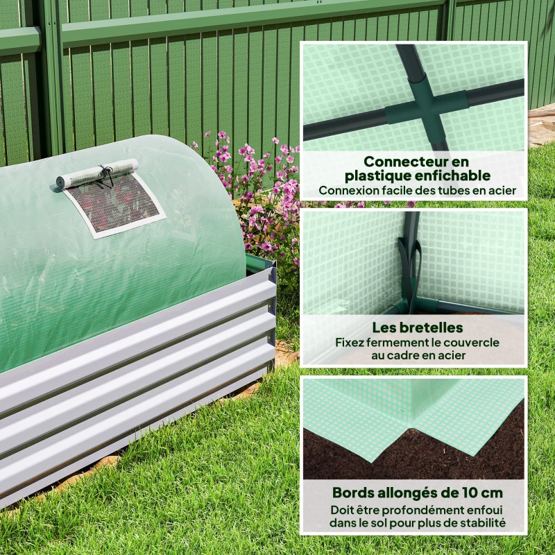 Outsunny Serre de jardin tunnel 5 fenêtres enroulables bâche PE 140 g/㎡ métal époxy 300 x 80 x 45 cm vert