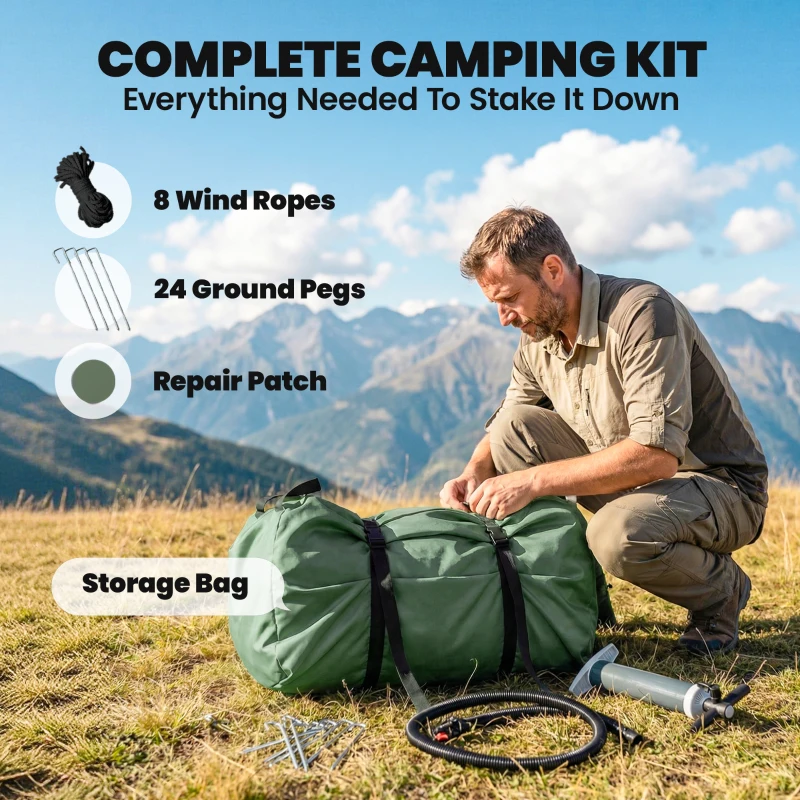 Outsunny Inflatable Camping Tent, 4 Season Hot Tent 10000mm Waterproof with Chimney Opening, Sky Light and Air Pump, Green