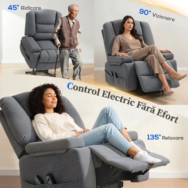 HOMCOM Fotoliu Reclinabil cu Funcție de Ridicare și 8 Puncte de Masaj, din Material Textil cu Efect de In, 97x90x102 cm, Gri