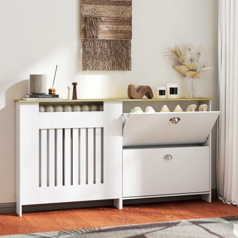 HOMCOM Cubre Radiadores con Zapatero Cubierta para Radiador con 2 Cajones Abatibles 152x19x81 cm Blanco