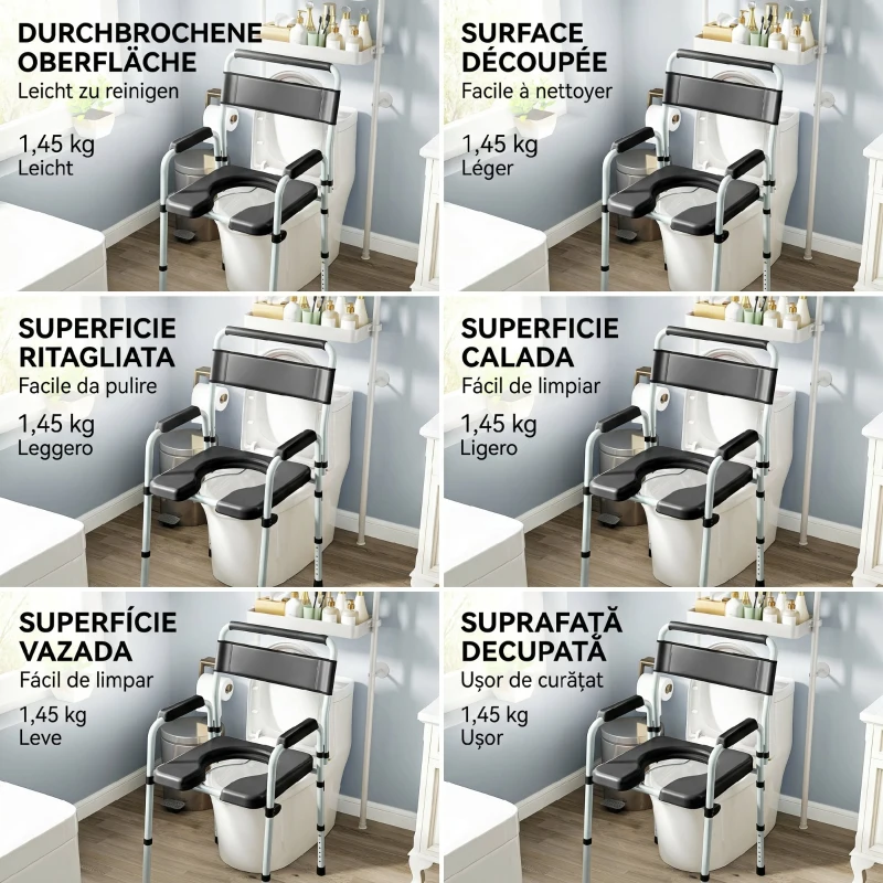 HOMCOM Scaun WC Pliabil și Reglabil cu Brațe și Spătar, din Oțel și Piele PU, 52.5x46x81.5-97 cm, Negru