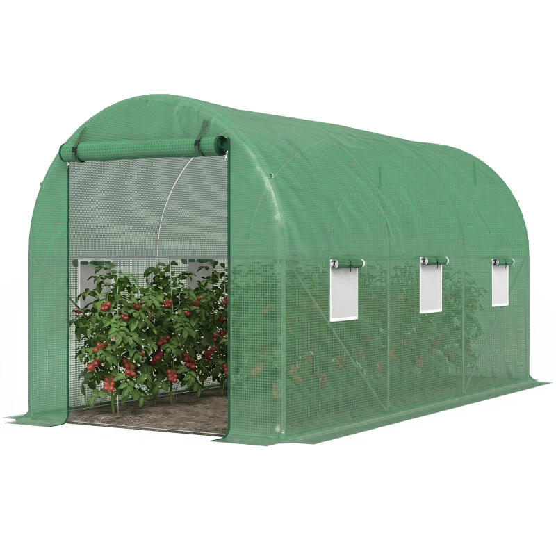 Outsunny Rundbogen-Gewächshaus, 6 Netzfenster, transparente Folie, Metallrahmen, 3,95 x 1,95 x 1,90m, Grün
