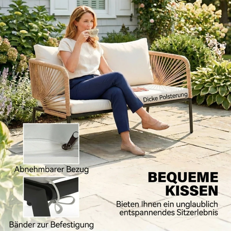 Outsunny Gartenmöbel Set Sitzgruppe für 4 Personen Gartenlounge mit 2er Sofa 2 Sessel Lamell-Tisch Seilflecht waschbar Sitzkissen