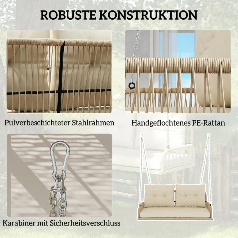 Outsunny Hollywoodschaukel 2-Sitzer Rattan Gartenschaukel mit Kissen Ketten bis 240 kg 115 x 66 x 44 cm Beige