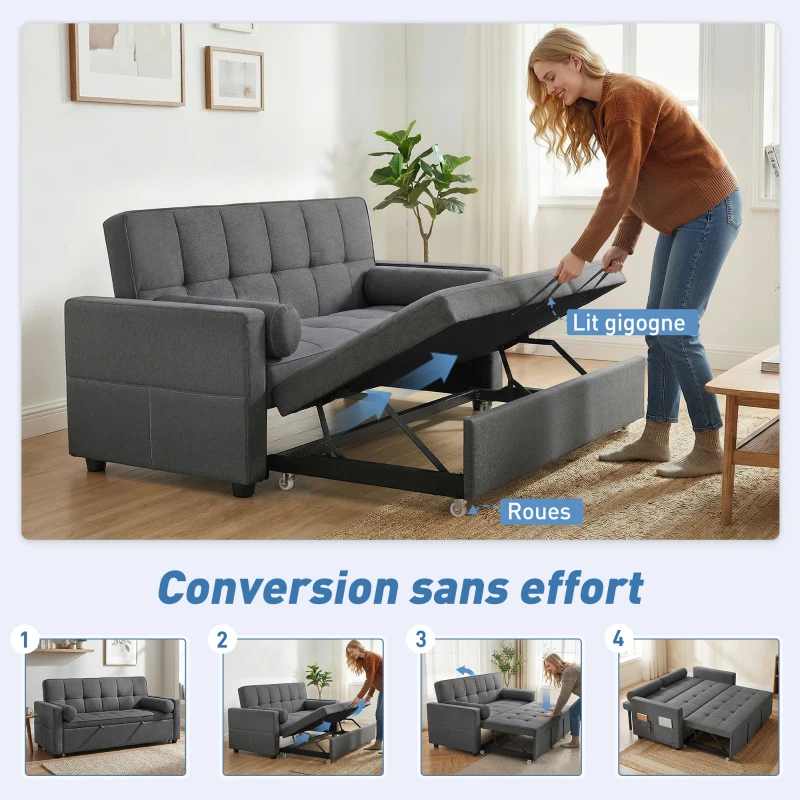 HOMCOM Canapé convertible 2 places 3 en 1 canapé-lit avec lit gigogne double dossier réglable 2 coussins 80,5x137,5x84cm gris