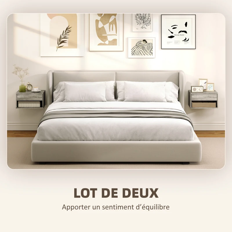 HOMCOM Lot de 2 tables de chevet murales, tables de nuit, tiroir, compartiment ouvert, plateau, 37 x 32 x 21 cm, gris