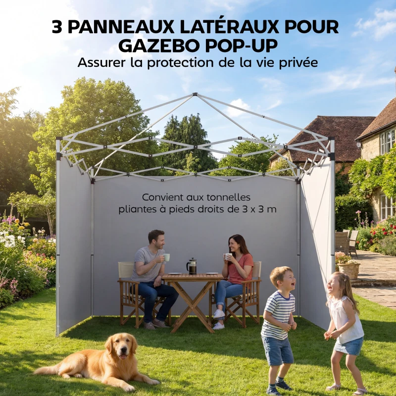 Outsunny Lot de 3 parois latérales pour tonnelle de 3 x 3 m, Panneaux Latéraux pour pavillon, fermeture éclair tissu Oxford blanc