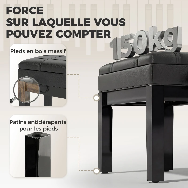 HOMCOM Banquette tabouret siège pour piano coffre intégré hauteur réglable bois hévéa assise revêtement synthétique noir