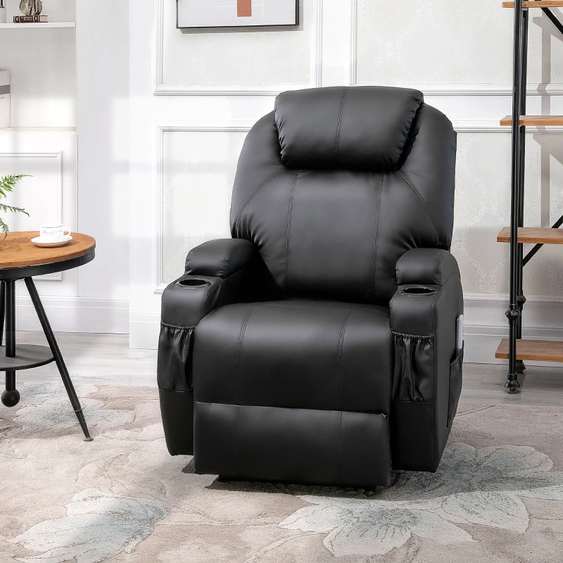 HOMCOM Fauteuil de Massage Inclinable, Chaise de Relaxation avec dossier et repose-pied électrique réglables revêtement synthétique pour Salon, Chambre, Cinéma Maison Noir