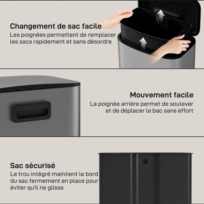 HOMCOM Poubelle cuisine 50L, poubelle à pédale, seau intérieur amovible, couvercle à fermeture douce, 45,1x36,5x62,6cm, gris