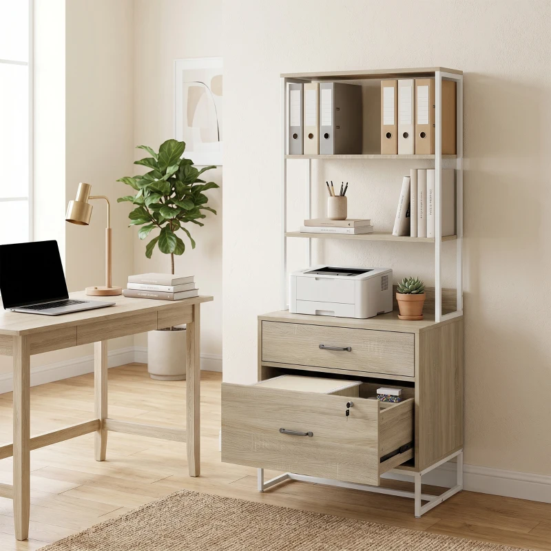 HOMCOM Aktenschrank mit Regal, 2 Schubladen, Ablage für Drucker, Schloss, für A4/Letter/Legal, Eiche