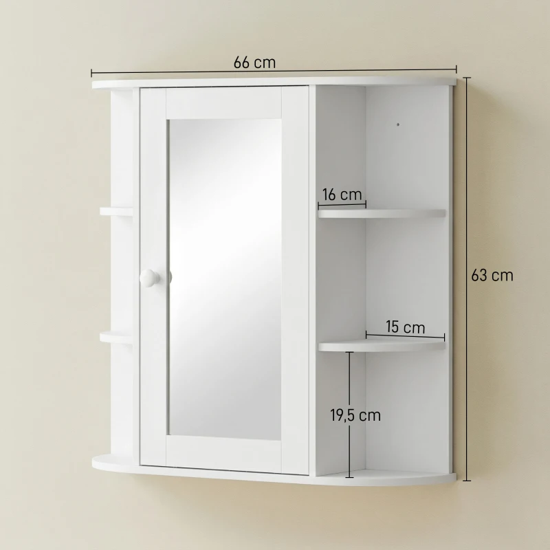 HOMCOM Armoire Murale avec Miroir Salle de Bain Meuble Miroir avec Rangement Toilettes 1 Porte + étagères latérales Blanc