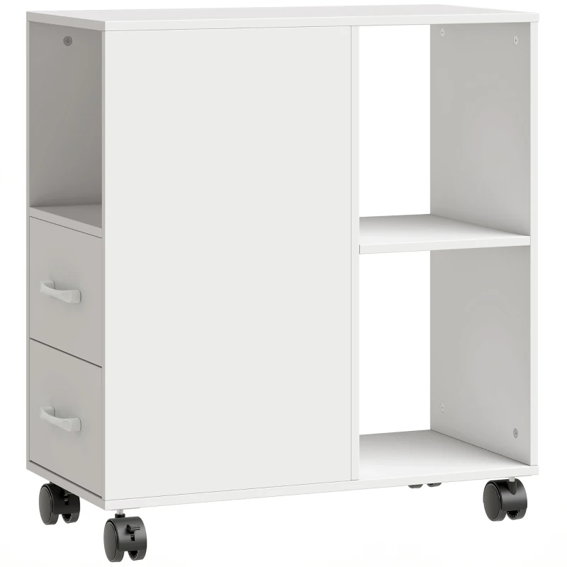 HOMCOM Support d'imprimante, meuble de rangement sur roulettes avec tiroirs, étagère réglable et compartiment ouvert, blanc