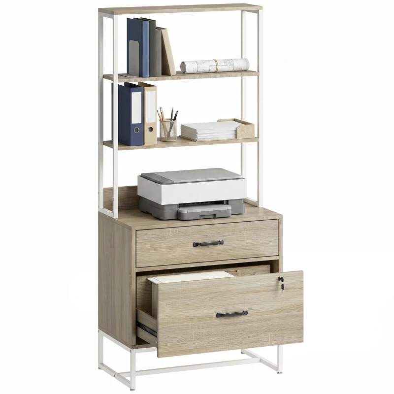 HOMCOM Aktenschrank mit Regal, 2 Schubladen, Ablage für Drucker, Schloss, für A4/Letter/Legal, Eiche