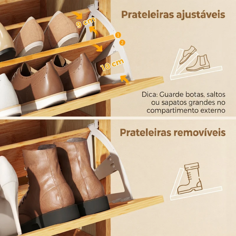 HOMCOM Sapateira com 2 Compartimentos Basculantes Sapateira Estilo Bohemio Estreita com Prateleiras Ajustáveis para 12-14 Pares de Sapatos 69x29x83 cm Madeira