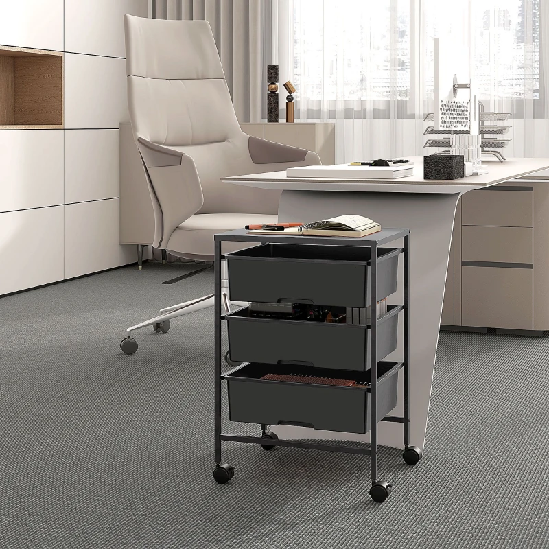 HOMCOM Desserte à roulettes, chariot de rangement à roulettes en acier chariot de service à 3 niveaux, plateau et 3 panier