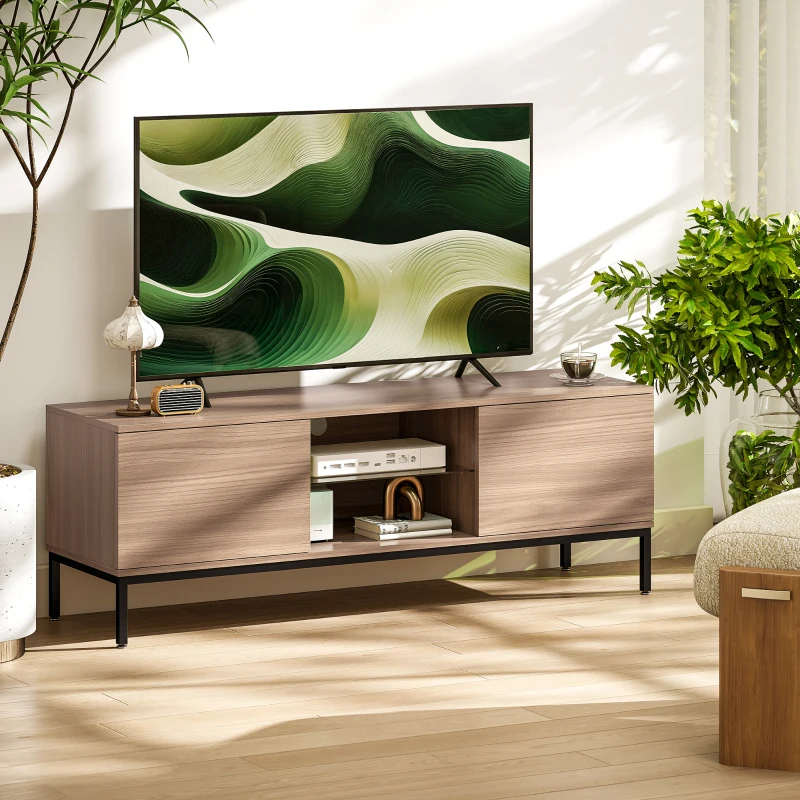 HOMCOM Meuble TV meuble télé pour téléviseur jusqu'à 60 pouces avec 2 portes et étagère en verre réglable 140x40x49,5cm gris