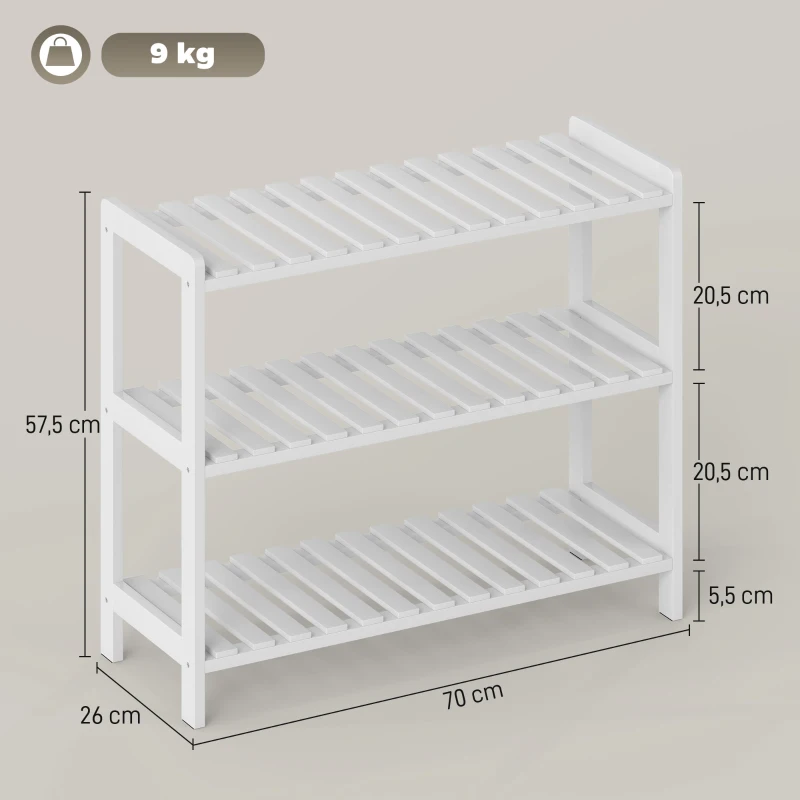 HOMCOM Étagère à chaussures, porte-chaussures 3 niveaux, étagères à lattes, en bois de pin， 70 x 26 x 57,5 cm, blanc