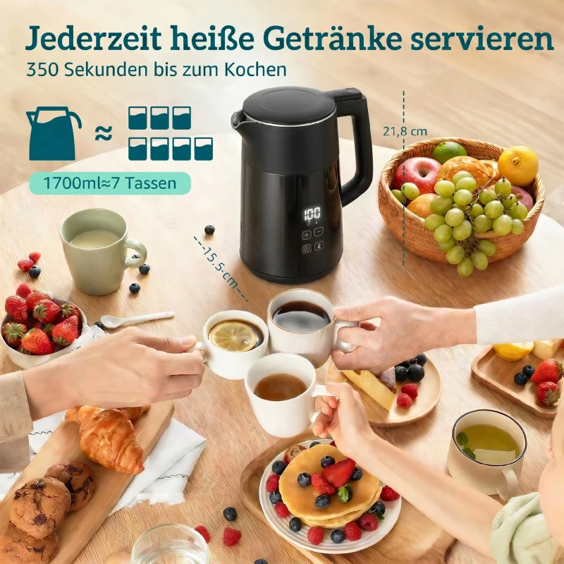 HOMCOM Elektrischer Wasserkocher, 1,7L, Schnellkochend, 2200W, mit LED-Display, Warmhaltefunktion, Trockenkochschutz, PTFE-frei