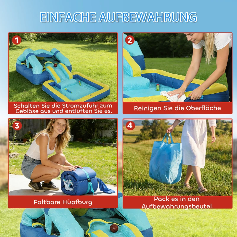 AIYAPLAY Hüpfburg Aufblasbar Spielcenter mit Gebläse Rutsche Trampolin Planschbecken/Bällebad Wasserpistole 364x173x182 cm Blau