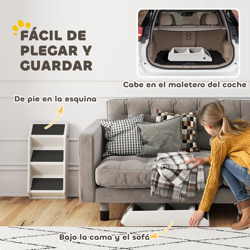 PawHut Escalera para Perros Plegable de 3 Peldaños para Mascotas Mayores para Cama Sofá 53x30,5x36,5 cm Crema