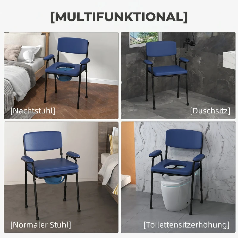 HOMCOM Scaun Confortabil 5 în 1 pentru Vârstnici și Persoane cu Dizabilități pentru WC și Duș, Înălțime Reglabilă și Găleată Detașabilă, Albastru