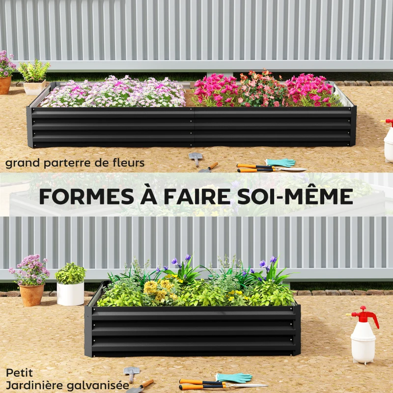 Outsunny Carré potager de jardin rectangulaire jardinière extérieure 241 x 90,5 x 30 cm tôle d'acier ondulée noir