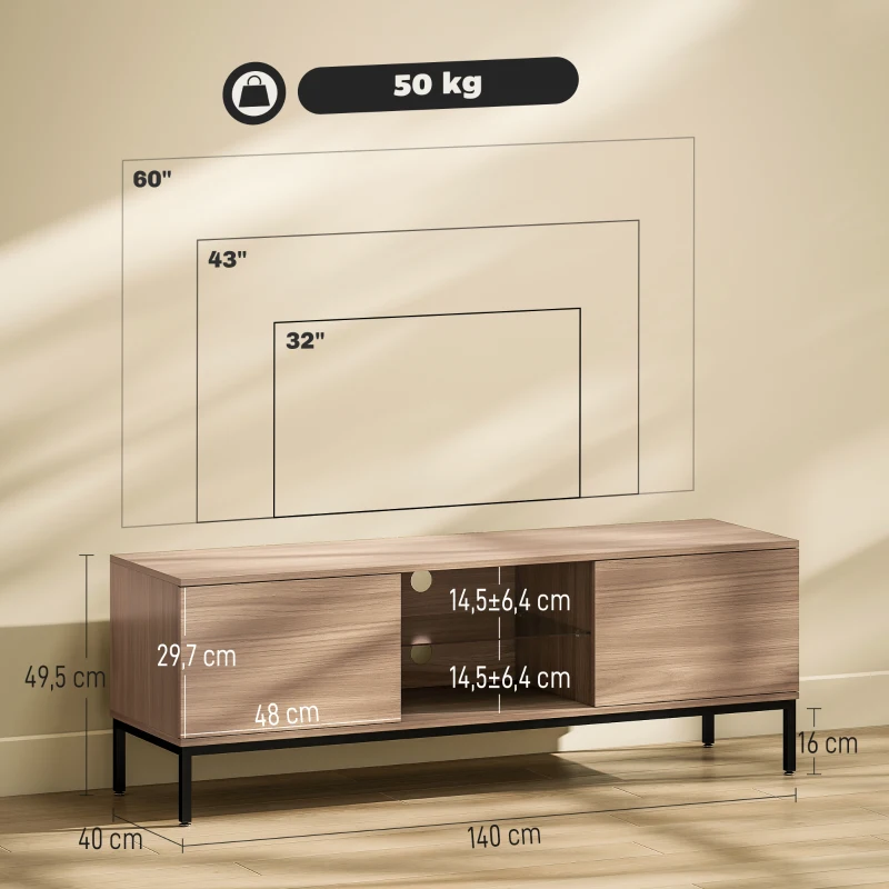 HOMCOM Meuble TV meuble télé pour téléviseur jusqu'à 60 pouces avec 2 portes et étagère en verre réglable 140x40x49,5cm gris