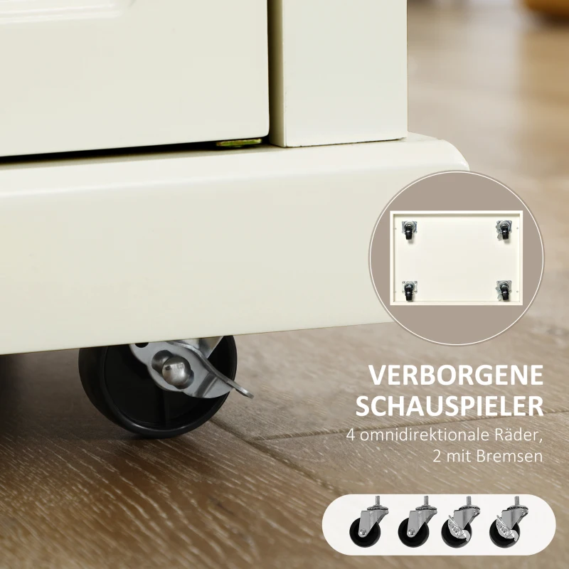 HOMCOM Küchenwagen rollbar Servierwagen Küchentrolley mit höhenverstellbaren Einlegeböden Handtuchhalter für Küche Esszimmer MDF Landhausstil Cremeweiß 63 x 45,5 x 91,5 cm