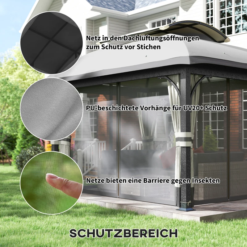 Outsunny Gartenpavillon, 3,3 x 4 m Gartenzelt mit Netz-Vorhängen, zweistufiges Dach, Kunstleder-Bezug, Metallrahmen, Hellgrau