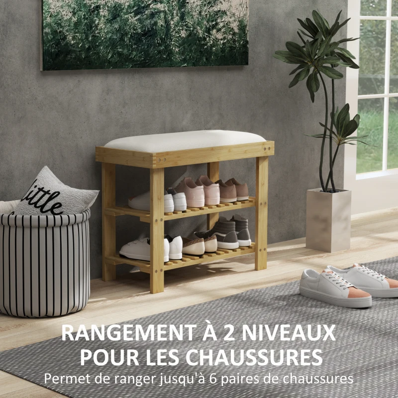 HOMCOM Banc à chaussures en bambou, étagère à chaussures à 3 niveaux, style scandinave, 60 x 29 x 49 cm, crème et bois naturel