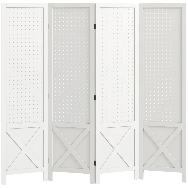 HOMCOM Paravent intérieur en bois 4 panneaux séparateur de pièce pliable panneau perforé 152 x 1,7 x 144,5 cm blanc