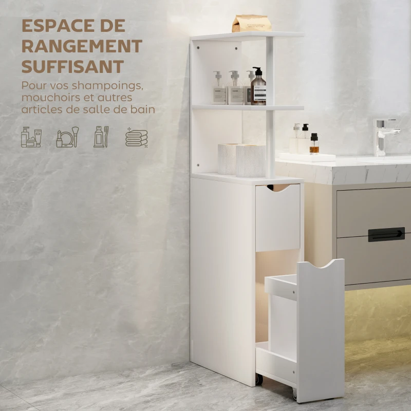 HOMCOM Meuble de salle de bain meuble de rangement avec tiroir sur roulettes, avec étagères ouvertes, 20 x 45 x 115 cm, blanc