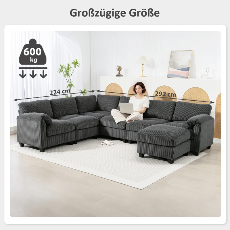 HOMCOM Ecksofa U-Form Sofa Couch mit Federpolsterung gepolsterte Armlehnen beweglicher Ottomane Cord 292x224x85 cm Dunkelgrau
