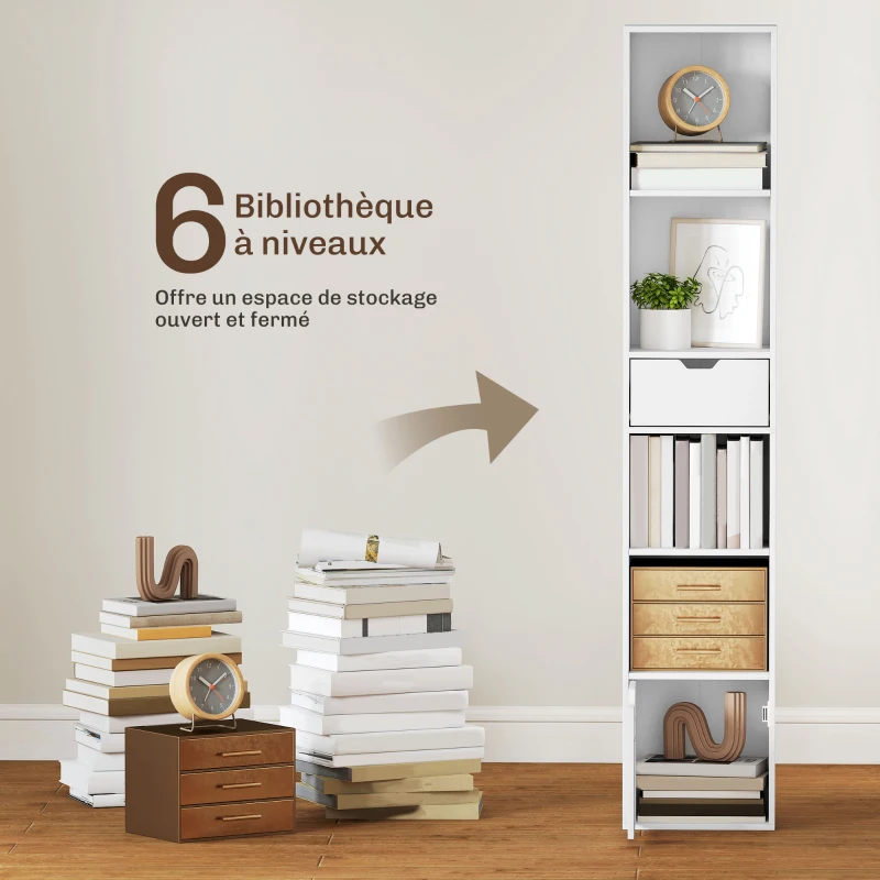 HOMCOM Bibliothèque, étagère à livres, meuble de rangement avec tiroir placard compartiments ouvertes, 30 x 24 x 158 cm, blanc