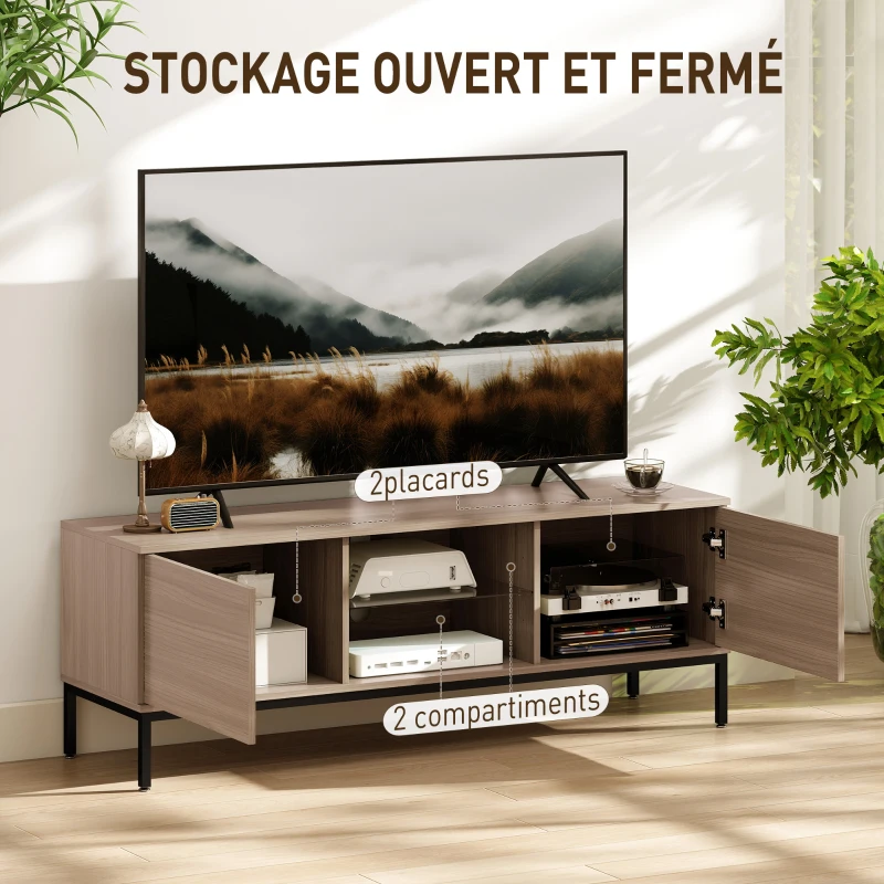 HOMCOM Meuble TV meuble télé pour téléviseur jusqu'à 60 pouces avec 2 portes et étagère en verre réglable 140x40x49,5cm gris