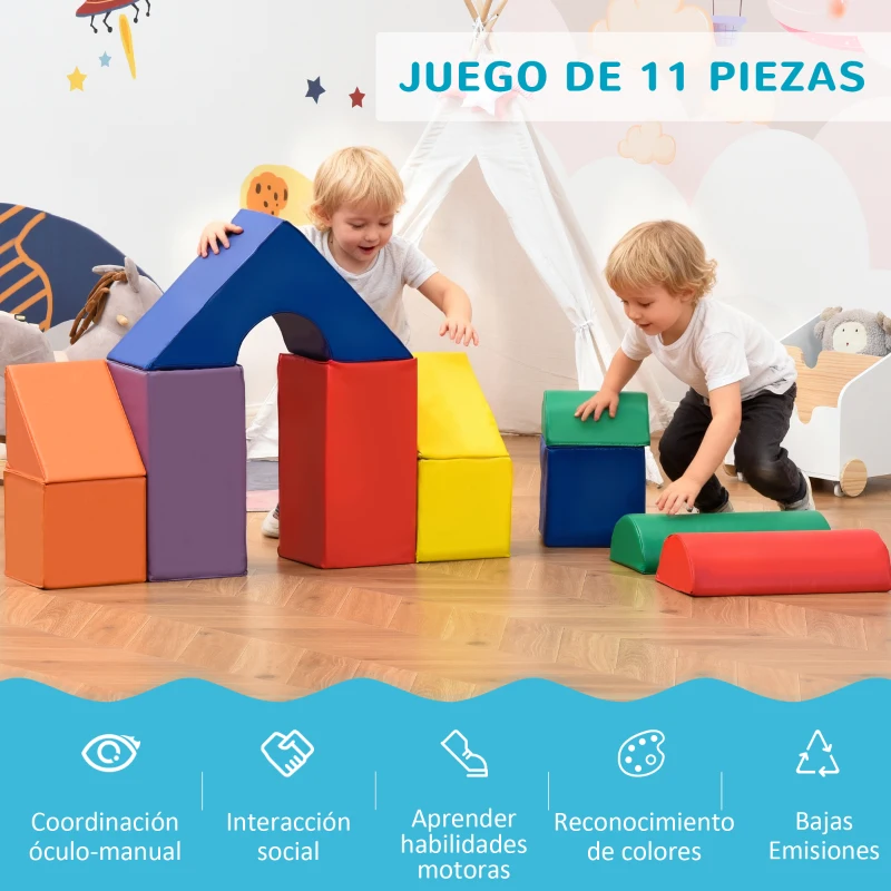 HOMCOM Juego de 11 Bloques de Espuma para Niños Bloques Psicomotricidad Figuras de Construcción 50x50x25 cm Multicolor