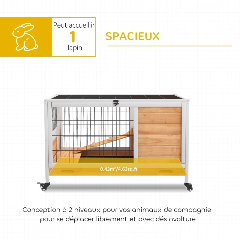 PawHut Clapier lapin intérieur clapier pour cochon d'inde en bois avec toit ouvrant et roulettes 90 x 53 x 59 cm jaune et blanc