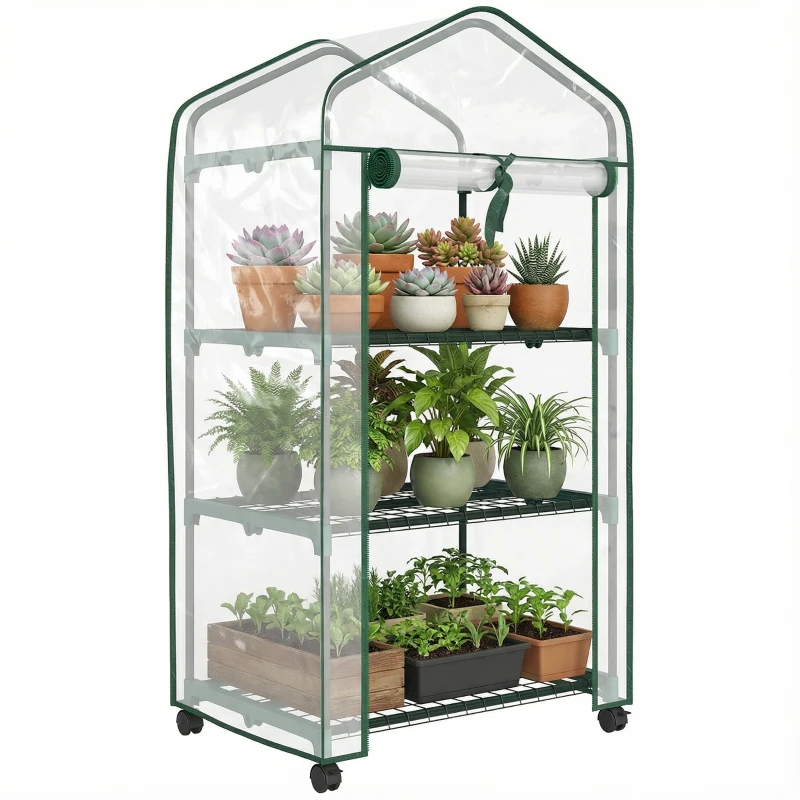 Outsunny Mini serre de jardin avec 3 étagères, bâche PVC haute densité, porte enroulable 4 roulettes 69 x 49 x 130 cm transparent