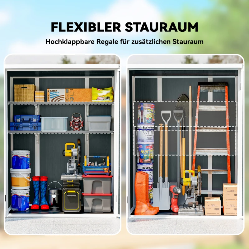 Outsunny Gerätehaus 0,8m², Geräteschuppen mit klappbar Regale, 134 x 68,5 x 170 cm Kunststoff  mit Abschließbar Doppeltür Boden