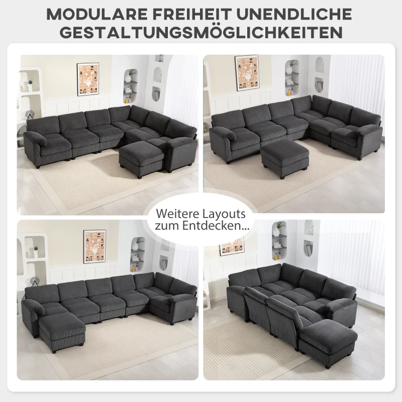 HOMCOM Ecksofa U-Form Sofa Couch mit Federpolsterung gepolsterte Armlehnen beweglicher Ottomane Cord 292x224x85 cm Dunkelgrau