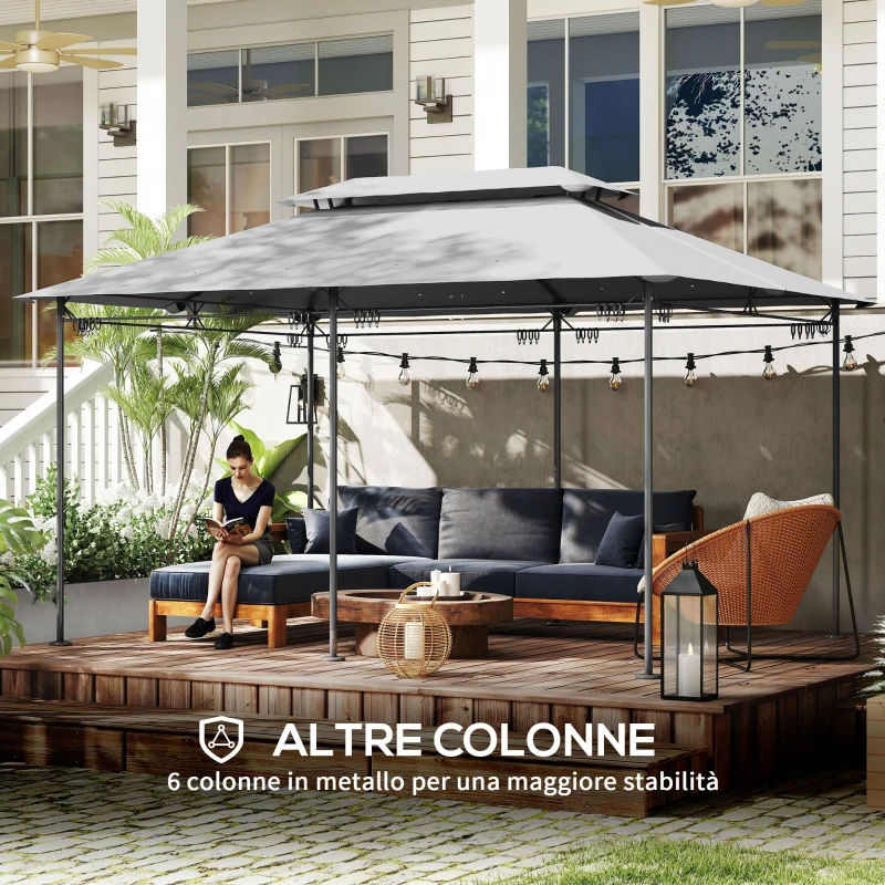 Outsunny Gazebo da Giardino 3x4 m con Tende Rimovibili, Doppio Tetto e Struttura in Metallo, Grigio
